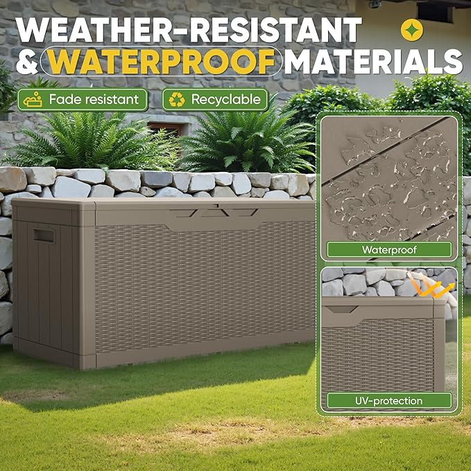 Greesum Outdoor Storage Box 100 Gallon Storage Bin with Lid for Patio Furniture, Garden Tools, Pool Supplies, Lockable, Waterproof and UV Resistant, Light Coffee