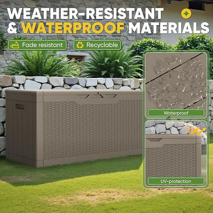 Greesum Outdoor Storage Box 100 Gallon Storage Bin with Lid for Patio Furniture, Garden Tools, Pool Supplies, Lockable, Waterproof and UV Resistant, Light Coffee