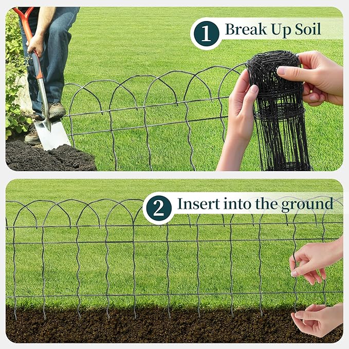 2 Rolls Black Garden Fence Border, 14 in x 40 ft Metal Folding Fence Wire Roll Garden Border Edging, Garden Fence Roll Flower Bed Fencing for Outdoor Yard