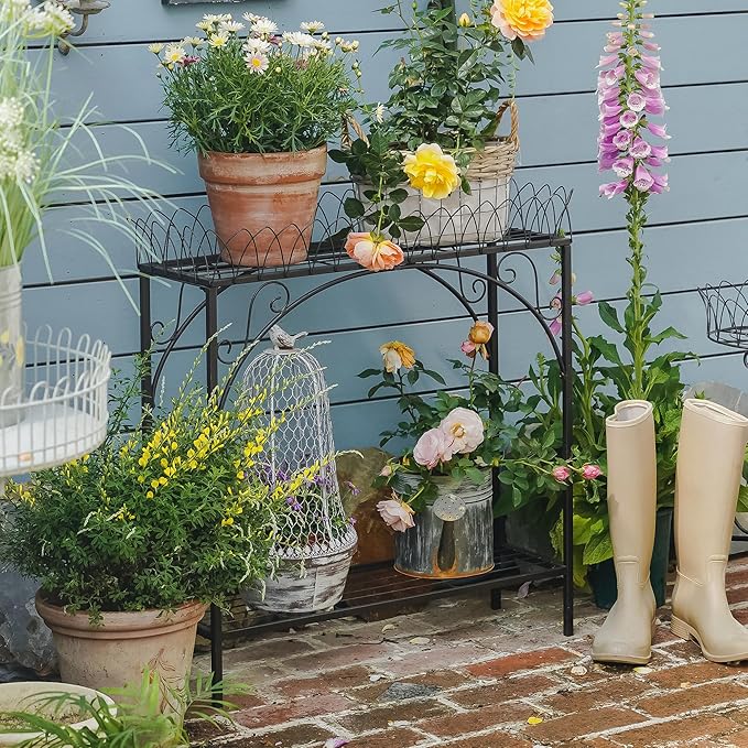 Black Long Double-Layer Plant Shelf, French Courtyard Style Metal Stand for Tall Potted Plants, Sturdy Indoor Outdoor Planter Holder Garden Decor