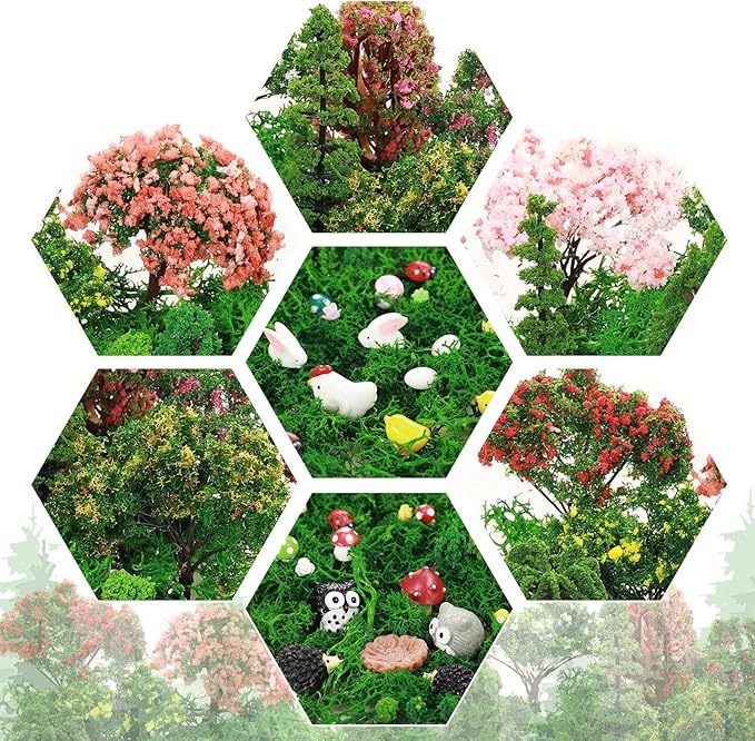 Hoteam 72 Pcs Miniature Garden Accessories Mini Moss Garden Animals Rabbit Owl Miniature Figurines Fake Diorama Trees Natural Outdoor Sheet for DIY Fairy Craft Decor
