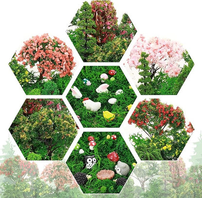Hoteam 72 Pcs Miniature Garden Accessories Mini Moss Garden Animals Rabbit Owl Miniature Figurines Fake Diorama Trees Natural Outdoor Sheet for DIY Fairy Craft Decor