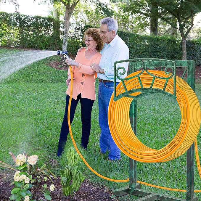 Garden Hose Holder, Heavy Duty Metal Water Hose Holders Hose Stand with 5 Spikes, Freestanding Hose Storage Rack Hose Hanger Holds 150ft Hose for Outside Yard Lawn Garden Decor (Retro Green)