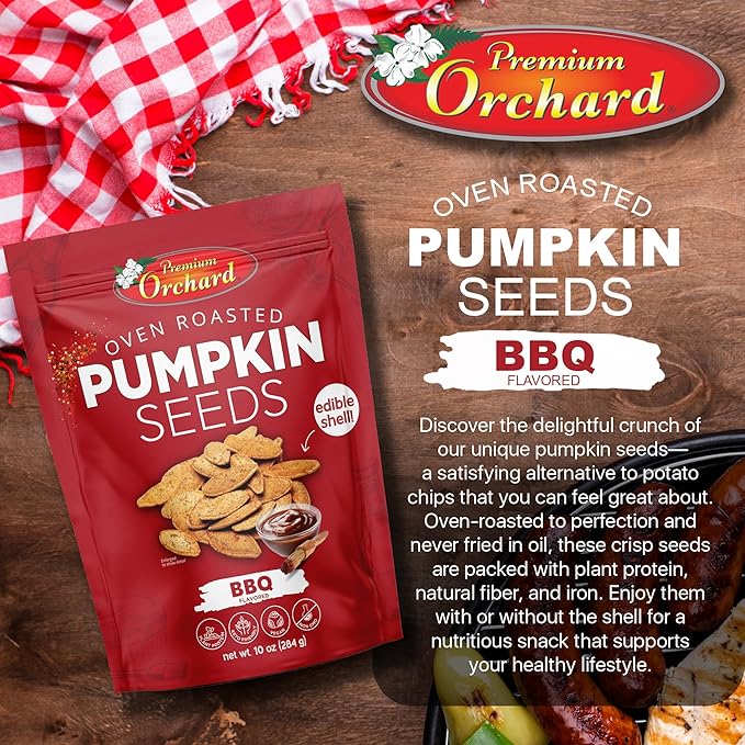 PREMIUM ORCHARD Flavored Pumpkin Seeds Oven Roasted | BBQ | High Protein Snacks for Kids and Adults | Vegan Snack | Non GMO | KETO