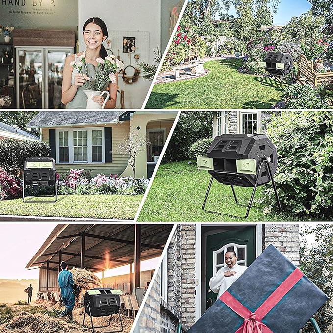 SQUEEZE master Compost Bin 43 Gallon Outdoor Tumbler composters Garden Tumbling or Rotating Compost Green Door