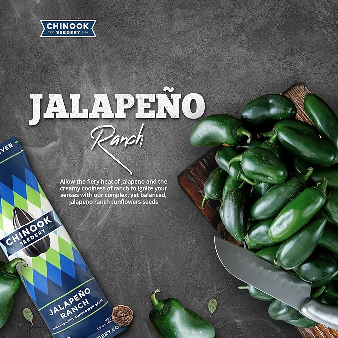Chinook Seedery Low Sodium Sunflower Seeds – Jalapeno Ranch Flavor, Pack of 36, 1.5oz – Sunflower Seeds to Eat – Keto, Jumbo, Roasted, Baseball Snacks