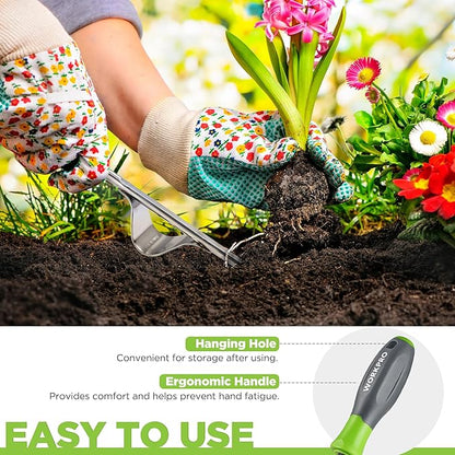 WORKPRO Weed Puller Tool, Metal Leverage Base and V-Shaped Forks for Easy Weed Removal & Deeper Root Digging, Heavy Duty Stainless Steel with Soft Handle, Manual Hand Weeder for Gardening