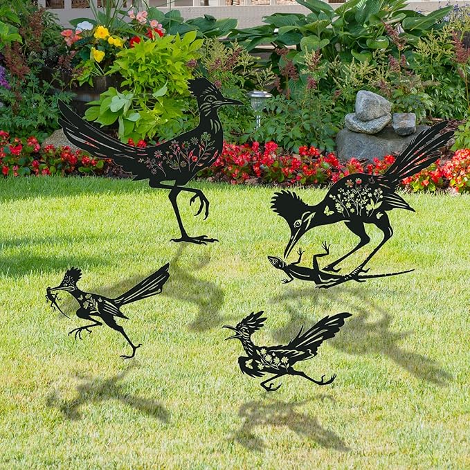 Roadrunner Metal Garden Stakes Yard Decor, 4PCS Black Roadrunner Silhouette Statues Garden Decorative Gifts for Yard Art, Patio, Outside, Lawn Ornaments, Christmas, Backyard, Pathway