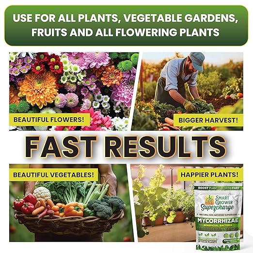 Mycorrhizal Fungi with Beneficial Bacteria, Trichoderma, Sea Kelp, Molasses, Yucca, Smart Grower Supercharge Plant Root Enhancer 8oz Super Concentrate Powder Makes 100 Gallons