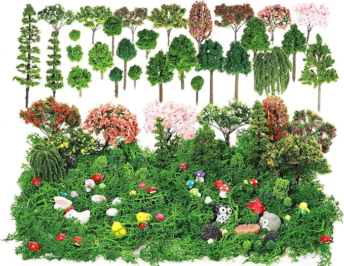 Hoteam 72 Pcs Miniature Garden Accessories Mini Moss Garden Animals Rabbit Owl Miniature Figurines Fake Diorama Trees Natural Outdoor Sheet for DIY Fairy Craft Decor