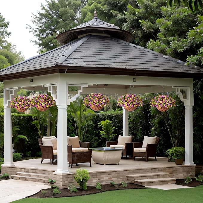 Artificial Silk Spring Flowers Hanging Basket for Outdoor Indoor, Daisy with Eucalyptus Leaves Arrangement for Yard Decor, Faux Green Plant in Metal Coconut Lining Pot(Purple Yellow)