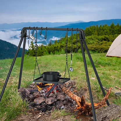 RELIANCER Grill Swing,Campfire Grill Cooking Stand w/8 Hooks & Storage Bag,Cast Iron BBQ Party Swing Grilling Cooking Rack,Outdoor Picnic Camping Cookware Hanging Rack,Collapsible Bonfire Barbecue Set