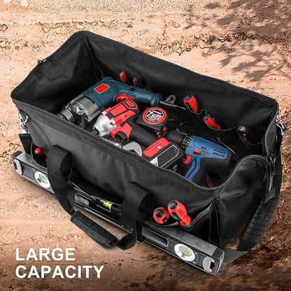 HAUTMEC 24" Heavy-Duty Tool Bag, 21-Pocket Wide Mouth Tote with Metal Frame, Waterproof Hard Base, Reinforced 1680D Pockets, Double Zippers & Shoulder Strap – Professional Tool Organizer – HT0184