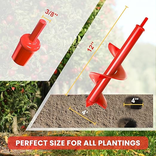 TCBWFY 4"x12" Auger Drill Bit for Planting Digging Holes,Garden Plant Flower Bulb Auger Spiral Drill Rapid Bulb Planter Earth Auger Bit Post or Umbrella Hole Digger for 3/8" Hex Drive