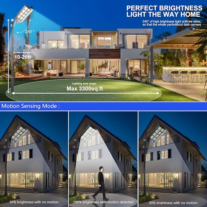 2-Pack Solar Street Lights Outdoor Waterproof, 9800W Solar Light Outdoor Dusk to Dawn, 240000LM 7000K Flood Light Motion Sensor for Garden/Yard/Parking Lot Lighting