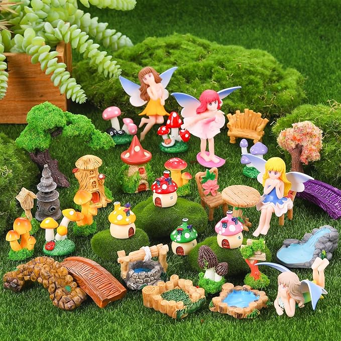 32 Pcs Fairy Garden Accessories Mini Fairy Figures Miniature Table and Chairs Bridge Mushroom Lighthouse Water Well Pond Landscape Ornaments Kit for DIY Garden Potted Desk Decor