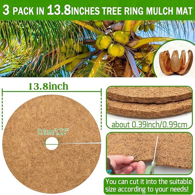 ZeeDix 3 Pack Coconut Fiber Mulch Ring, 14 Inch Coco Coir Tree Ring Mulch Mat, 100% Natural Tree Protector Mat Plant Cover Ring Coconut Coir Discs Tree Mats Mulch Rings for Indoor Outdoor Trees Plants
