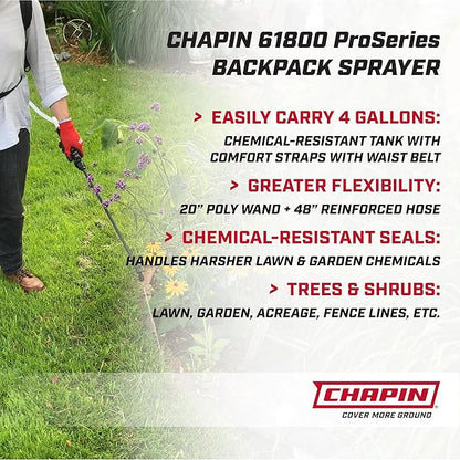 Chapin 61800 4-Gallon Made in USA Professional Backpack Sprayer with Brass Adjustable and Poly Fan/Cone Nozzles, Cushion Grip Shut-Off, 3-Stage Filtration System, Translucent White