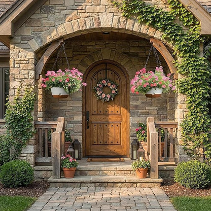 2 Pack 10 Inch Hanging Planters for Indoor Outdoor Plants, Plastic Hanging Basket Flower Plant Pots, Plant Self Watering Pot with Drainage Holes and Saucers for Garden Home (Beige)