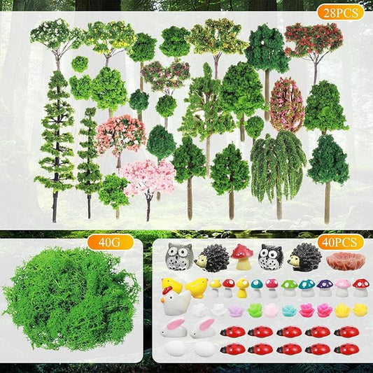 Hoteam 72 Pcs Miniature Garden Accessories Mini Moss Garden Animals Rabbit Owl Miniature Figurines Fake Diorama Trees Natural Outdoor Sheet for DIY Fairy Craft Decor