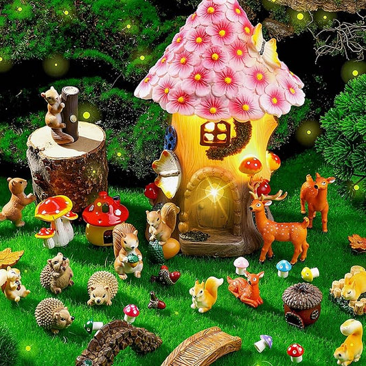 Unittype 33 Pcs Squirrel Garden Accessories Miniature Squirrel Figurines Tiny Resin Bridge Mushroom Pine Nuts Miniature Garden Kit for Craft Decoration