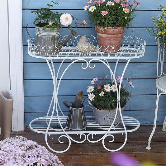 White Oval Plant Stand with Lattice Base, French Entryway Decor for Plants, Elegant Floor Flower Pot Holder Garden Decoration