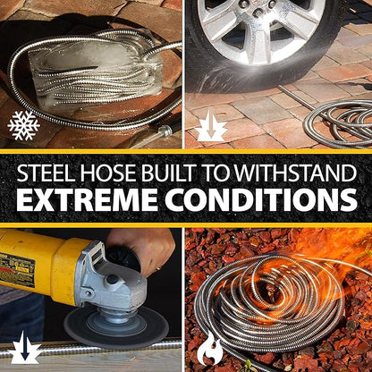 BIONIC STEEL 100 Ft Metal Garden Hose with Sprayer Nozzle, Non Kinking Designed Stainless Steel Heavy Duty Water Hose 100 Ft x 5/8 in. Flexible NON Expandable for Uninterrupted Water Flow, 500 PSI
