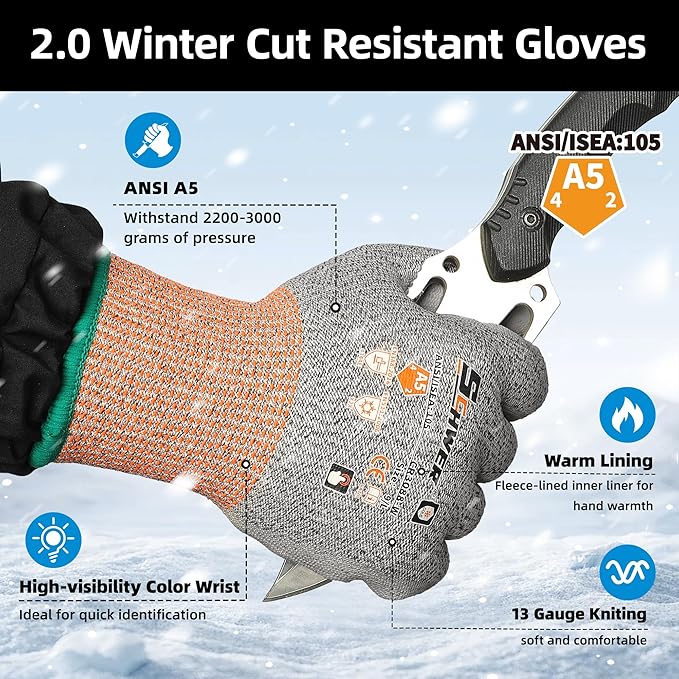 Schwer 12 Pairs Winter Work Gloves, ANSI A5 Cut Resistant Gloves with PU Coating, Freezer Glove for Outdoor Cold Weather, Thermal Insulated, Non Slip, Durable, M, CR3088-W