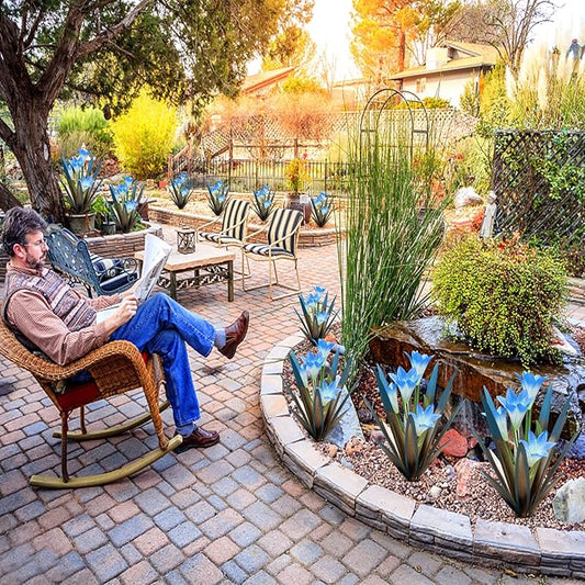 Homight Metal Agave Plant Outdoor Decoration Lily Mexican Yard Art Garden Gift Home Decor Hand Painted Metal Agave Garden Yard Statue, Outdoor Lawn Ornaments(3 Big Blue Lilies)