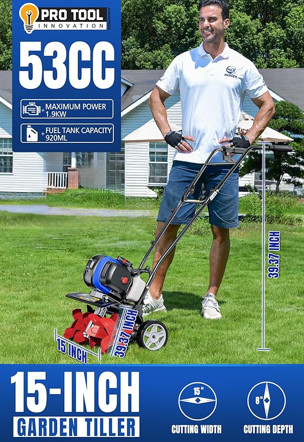 Wild Badger Power Garden Tiller 53cc Mini Cultivator 15 inch Powerful Liftable Booster Rod Tilling Tool for Lawn, Garden and Field Soil Cultivation