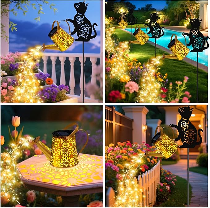 Solar Lights Outdoor, 2 Pack Black Cat Solar Watering Can Lights, Birthday Gifts for Women Mom Cat Lover Mother's Day Christmas, Waterproof Hanging Lantern Garden Decor Outside Patio Yard Pathway