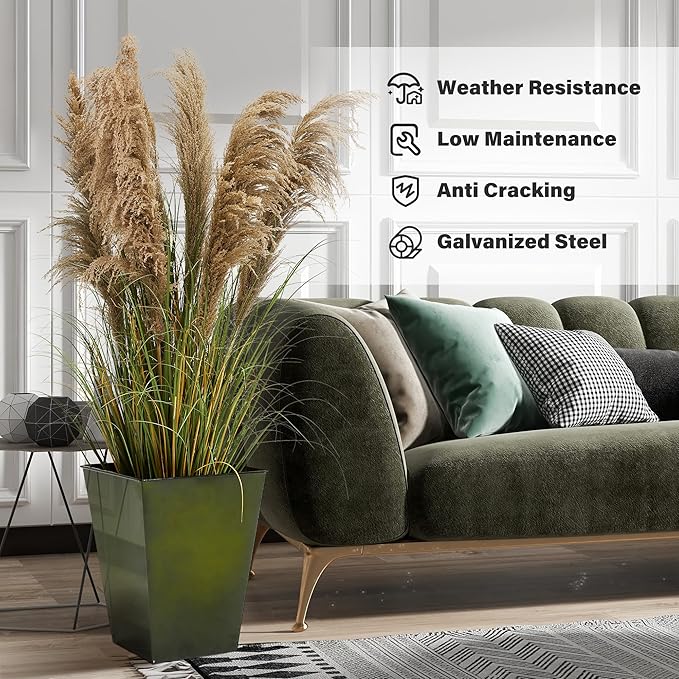 KOL 18''H. Bright Glazed Planter with Drainage Hole, Set of 2, Galvanized Steel Planter Pots for Indoor & Outdoor Use, Decorative Flower Plant Pots for Front Porch, Patio, Deck - Green