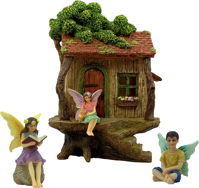 PRETMANNS Fairy House Kit - Fairy Garden Accessories for Outdoor Miniature Village Decor, with Three Fairies - House, 9" High & Treehouse Door can Open Wide - 4 Piece Supplies