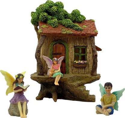 PRETMANNS Fairy House Kit - Fairy Garden Accessories for Outdoor Miniature Village Decor, with Three Fairies - House, 9" High & Treehouse Door can Open Wide - 4 Piece Supplies
