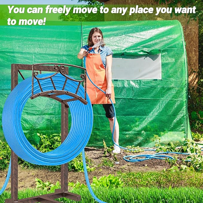 Garden Hose Holder, Heavy Duty Metal Water Hose Holders Hose Stand with 5 Spikes, Freestanding Hose Storage Rack Hose Hanger Holds 150ft Hose for Outside Yard Lawn Garden Decor