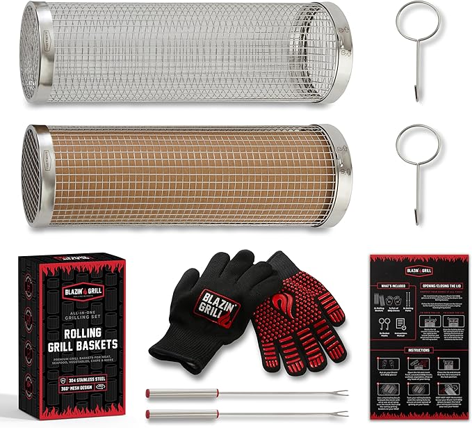 BLAZIN' GRILL Rolling Grill Basket | Rolling Grilling Baskets for Outdoor Grilling 2 Pcs | Barbecue Grill Set with BBQ Gloves | Portable Camping Net Rack Perfect for Vegetables, Seafood & Meat