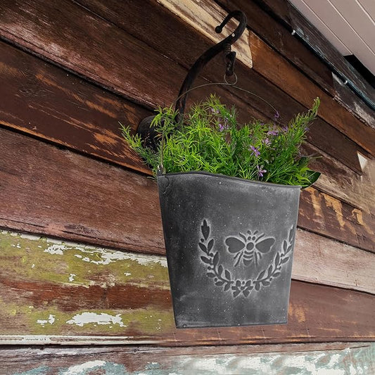 CVHOMEDECO. Farmhouse Wall Mount Metal Flower Pots Rustic Galvanized Bee Flower Holder Wall Hanging Pocket Planter for Indoor, Outdoor and Wall Decor, Set of 2 (Matt Black)