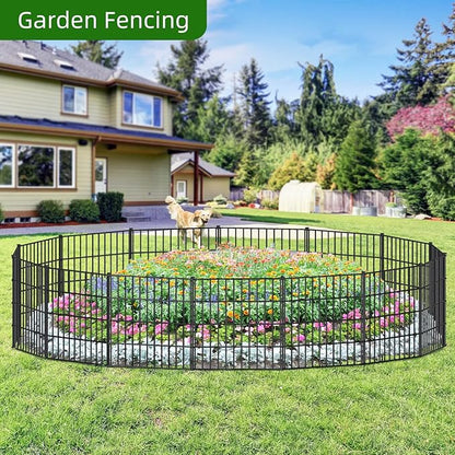 Metal Garden Fence 28in (H) x 35ft (L), 15 Panels + 16 Stakes Dog Fence Border Fence Animal Barrier, No Dig Garden Fencing for Yard Flower Bed Lawn Patio Outdoor, PIN282815 Black