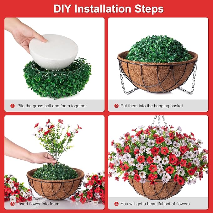 Artificial Silk Flowers Hanging Baskets Outdoors Indoors,Daisy with Eucalyptus Leaves Arrangement for Garden Yard Spring Summer Decor,Faux Green Plant in Metal Coconut Lining Flowerpot(Red and White)