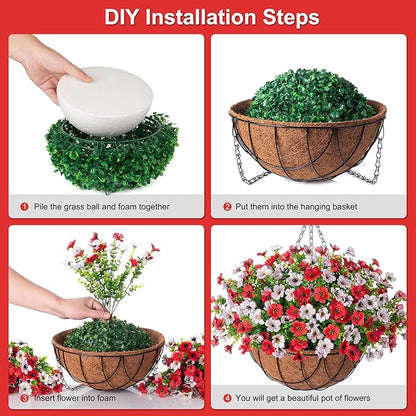 Artificial Silk Flowers Hanging Baskets Outdoors Indoors,Daisy with Eucalyptus Leaves Arrangement for Garden Yard Spring Summer Decor,Faux Green Plant in Metal Coconut Lining Flowerpot(Red and White)
