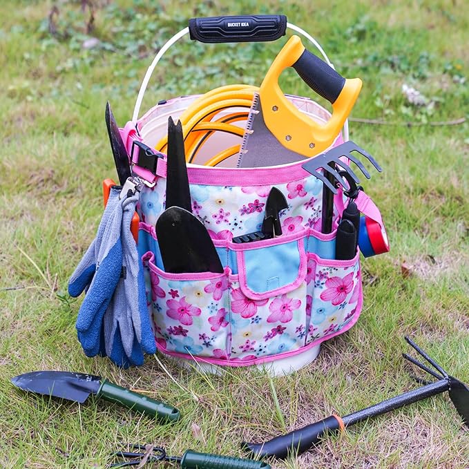 MELOTOUGH Bucket Caddy Organizer Bucket Tool Organizer for Garden Tools Fit 3.5 to 5 Gallon Bucket (Pink Flower)