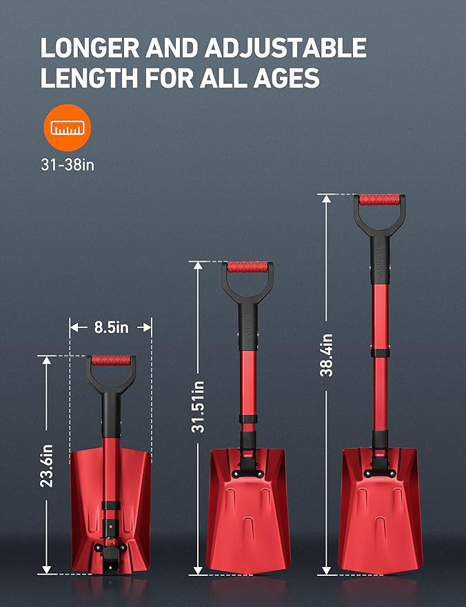 AstroAI 38.4" Foldable Snow Shovel for Car, Retractable Snow Shovel with Thickened Aluminum Handle and Reinforced Iron Hinge, Portable and Multi-Functional for Driveway, Cars, Camping and Slush,Red