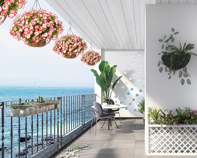 Artificial Hanging Flower Plants with Basket for Outdoor Decoration, Faux Petunias Flowers Fake Morning Glories Planter for Outside Patio Garden Porch Balcony Yard Decor(Pink)