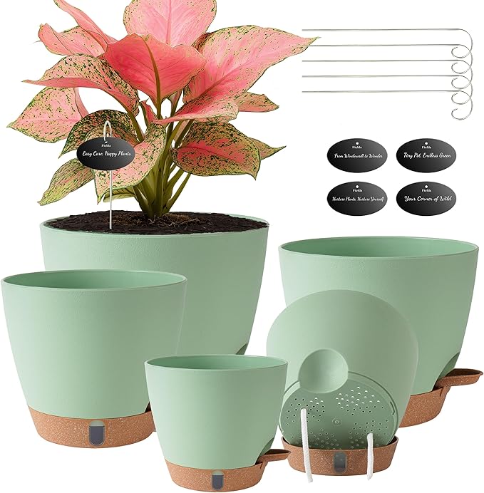 Self Watering Pots for Inoor Ourdoor Plants 8/7/6.5/6/5 Inch Plastic Planters with Drainage Holes & Water Level Indicator, Decorative House Flower Nursery Planting Pots with Saucers(Green)