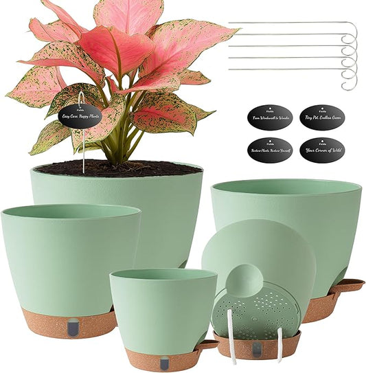 Self Watering Pots for Inoor Ourdoor Plants 8/7/6.5/6/5 Inch Plastic Planters with Drainage Holes & Water Level Indicator, Decorative House Flower Nursery Planting Pots with Saucers(Green)