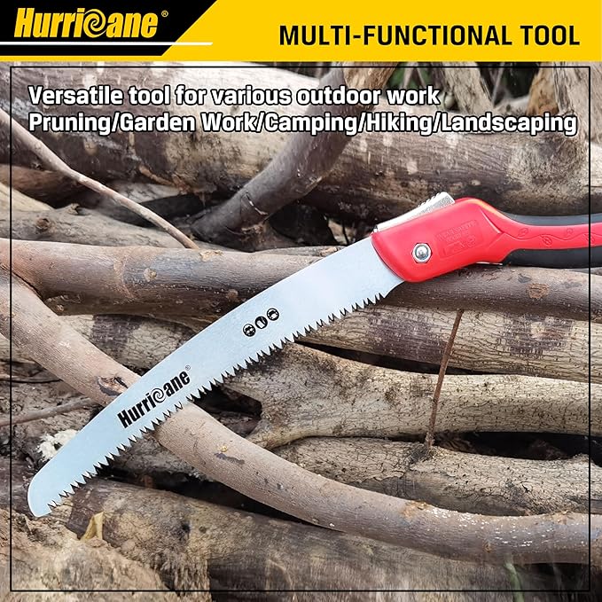 HURRICANE Folding Saw/10 Inch Pruning Implement/Wood-Cutting Gear/Camping Tree Cutter with SK5 Curved Blade/Triple-cut Razor Teeth/Outdoor Portable Cutter for Tree Trimming Gardening Hiking