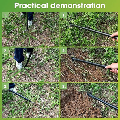 Weed Puller Tool, 2-in-1 Stand Up Weeder with 4-Claw Head & Rake, No Tools Required Assembly, Gets Rid of Weeds & Roots Permanently for a Pristine Lawn