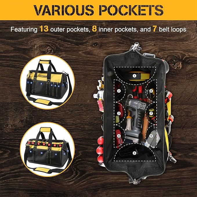 Olympia Tools 16 Inch Wide Mouth Tool Bag, Tool Tote with Water Proof Molded Base, Tool Bags for men with 21 Pockets and 7 Belt Loops, Padded Handle, Adjustable Shoulder Strap