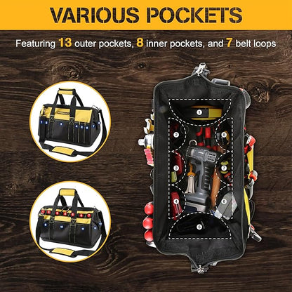 Olympia Tools 16 Inch Wide Mouth Tool Bag, Tool Tote with Water Proof Molded Base, Tool Bags for men with 21 Pockets and 7 Belt Loops, Padded Handle, Adjustable Shoulder Strap