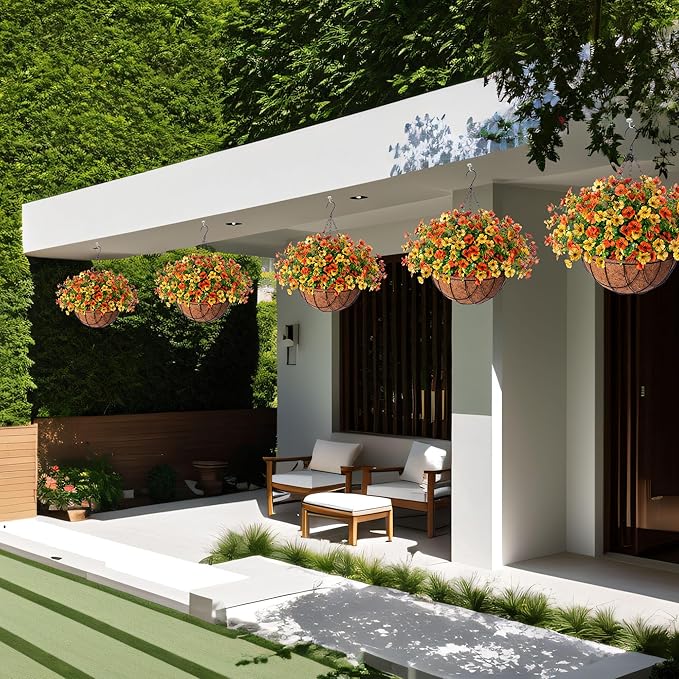 Fake Mums Artificial Fall Flowers with Hanging Baskets Outdoors for Decoration Faux mums for outdoor planters Daisy Flower with Eucalyptus Leaves for Porch Home Patio Balcony and Yard Autumn Decor